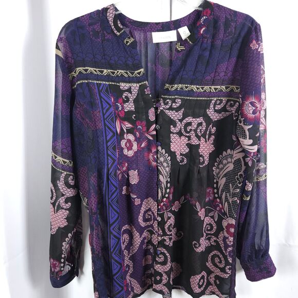 Chico's 0 Womens 4 Purple Floral Flower Sheer Button Up Tunic Blouse Top Shirt - Picture 1 of 7